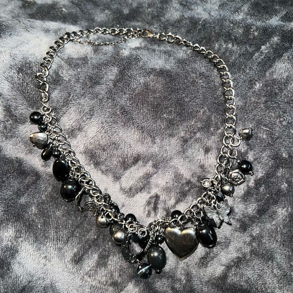 Gothic Charm Necklace Black Silver Cosplay 18"